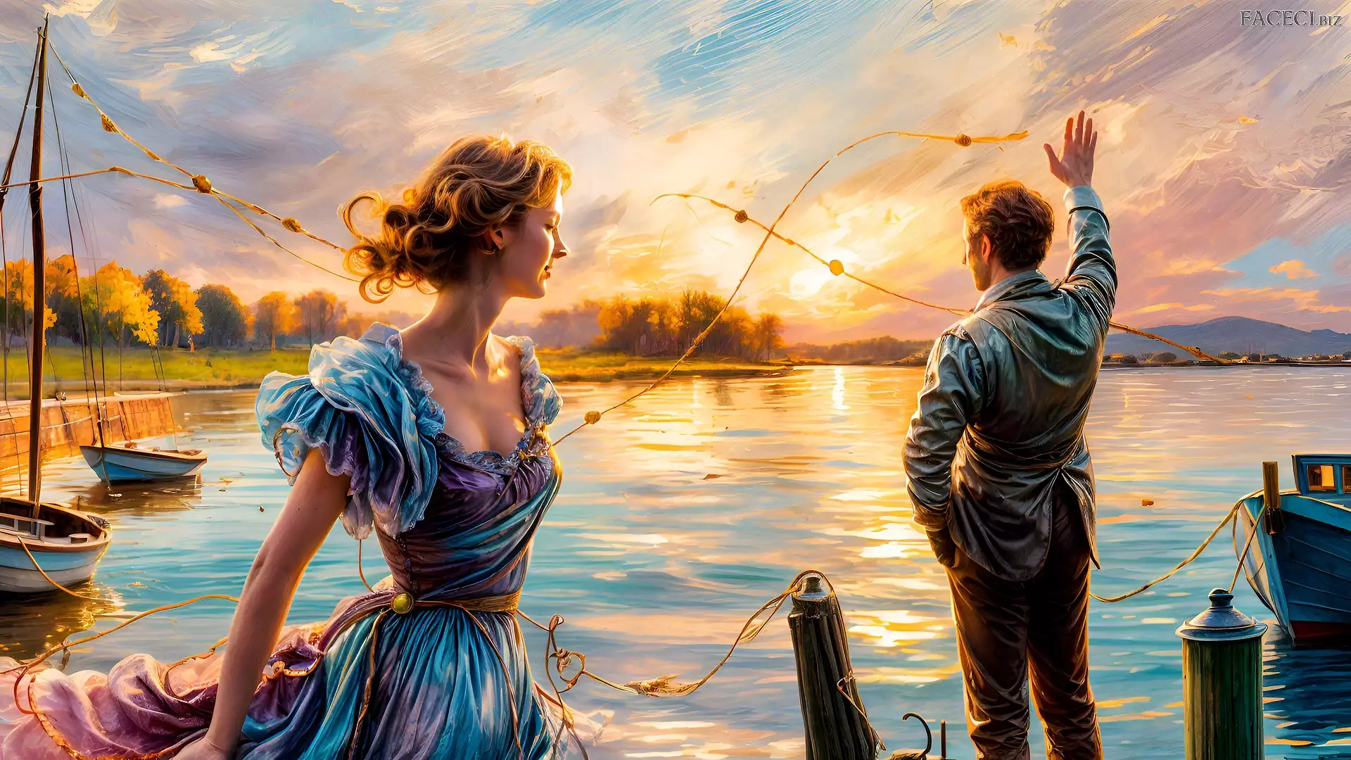 Grafika, Jezioro, Kobieta, Mężczyzna, Łódki, Zachód słońca